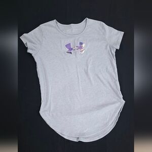Under Armour Girl's Light Gray Tee with Purple Logo